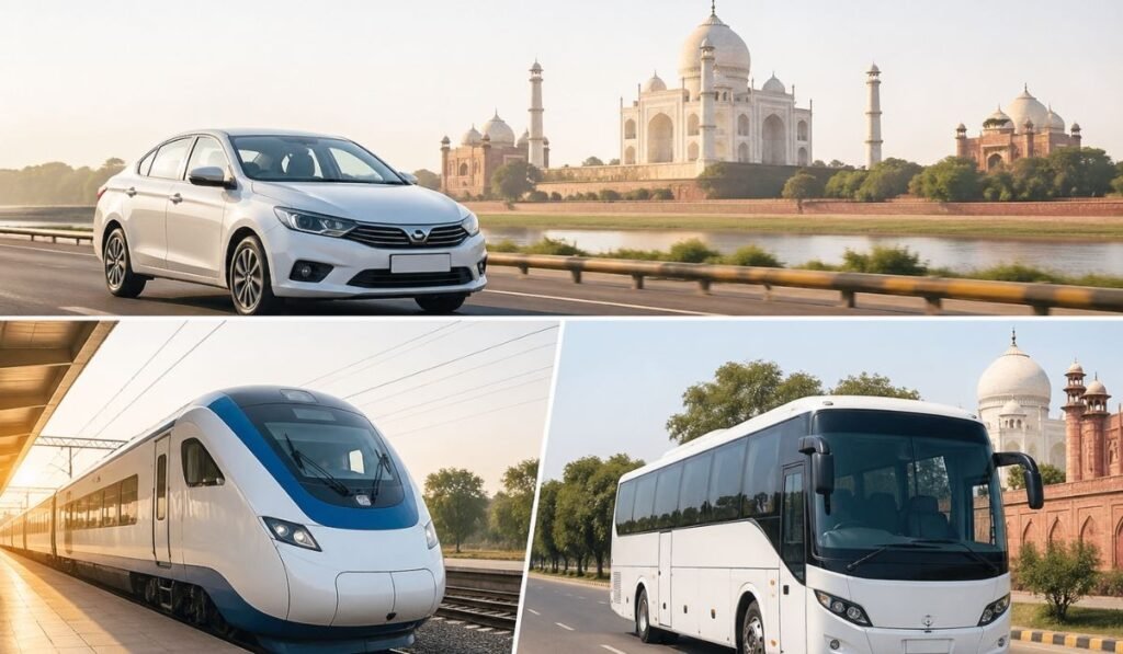 Best Travel Options from Delhi to Agra – Car, Train & Bus Guide Travel options from Delhi to Agra including car train and bus with Taj Mahal in background