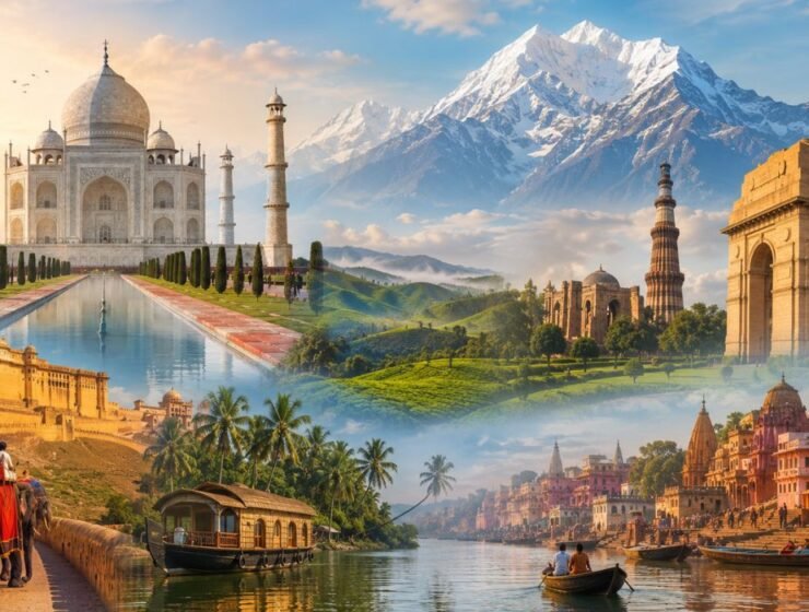 Collage of the best tourist places in India featuring Taj Mahal Rajasthan mountains beaches wildlife backwaters and cultural destinations