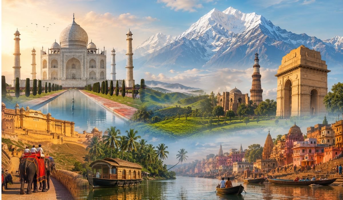 Collage of the best tourist places in India featuring Taj Mahal Rajasthan mountains beaches wildlife backwaters and cultural destinations