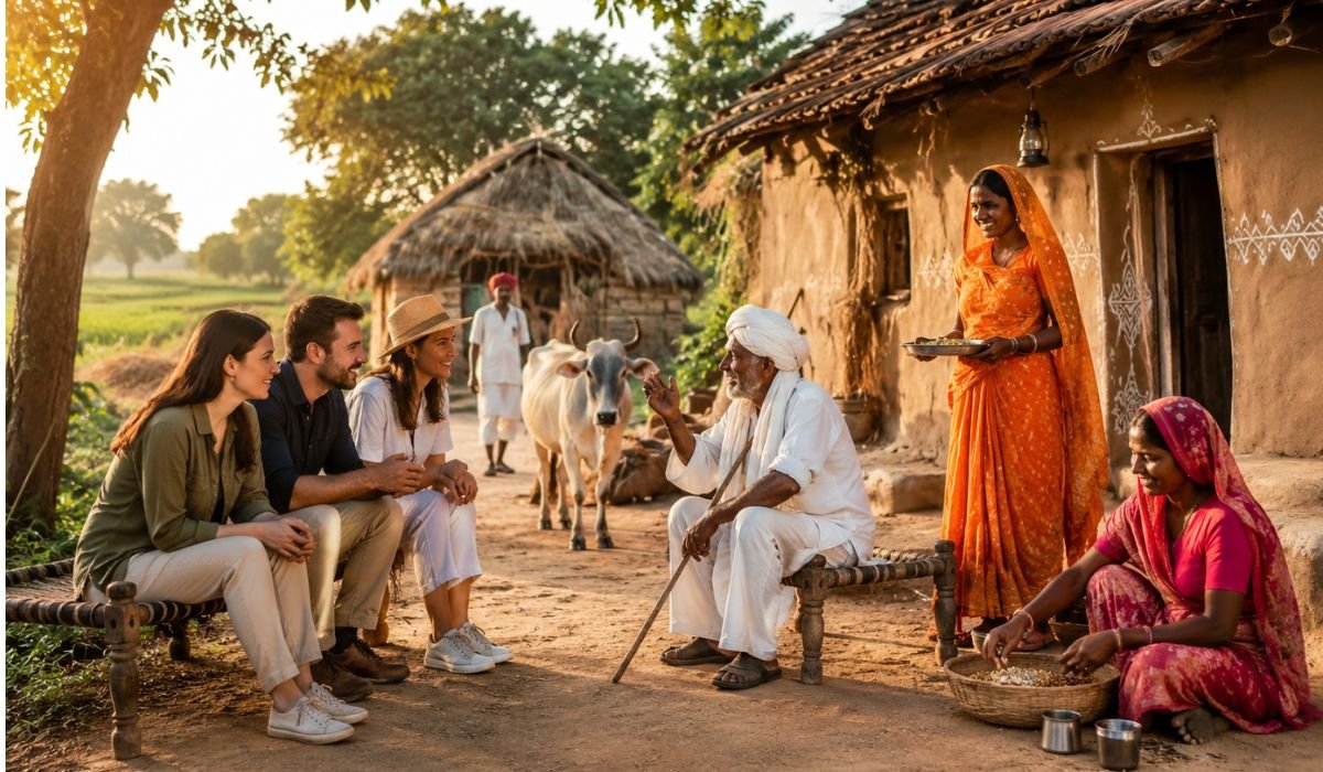 Travelers interacting with local villagers and experiencing authentic village life in rural India through cultural activities and local hospitality
