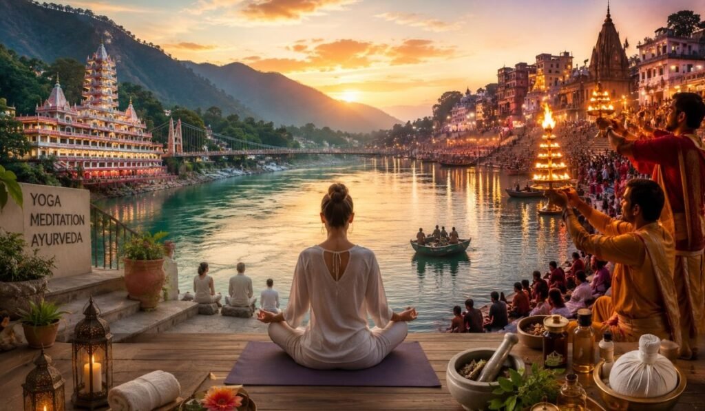 Spiritual and Wellness Tours in India – Yoga Meditation Ayurveda Experience Woman practicing yoga meditation by Ganges River during spiritual and wellness tour in India