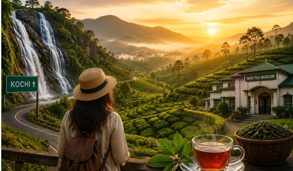 Kochi to Munnar Travel Guide – Tea Gardens, Waterfalls and Scenic Landscapes Traveler enjoying the scenic route from Kochi to Munnar with tea plantations, waterfalls, and mountain landscapes in Kerala