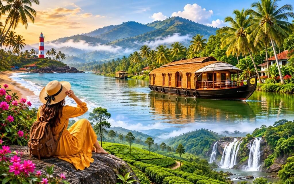 erala Tour Highlights: Backwaters, Tea Gardens and Waterfalls Traveler enjoying Kerala scenery with Alleppey houseboat, tropical beach, lighthouse, tea plantations, misty hills, and waterfall landscape