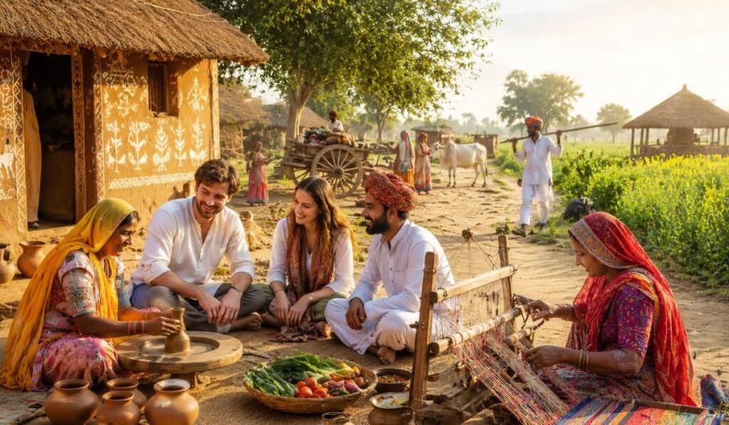 Rural Tourism and Authentic Village Experiences in India Travelers experiencing rural tourism in Indian village with local culture pottery farming and handicrafts