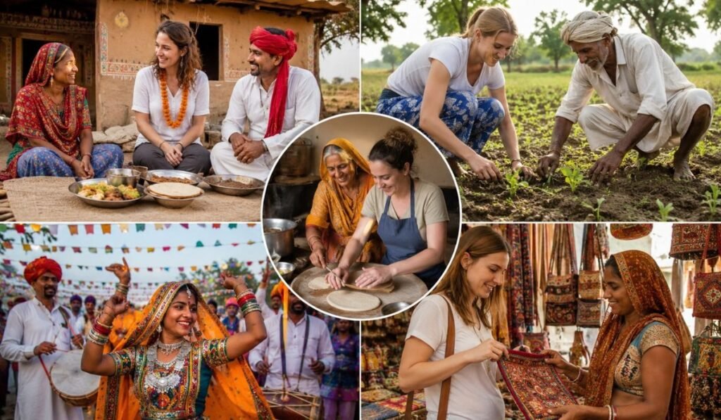 Travelers experiencing village life in India through local food farming cultural festivals handicrafts and traditional activities