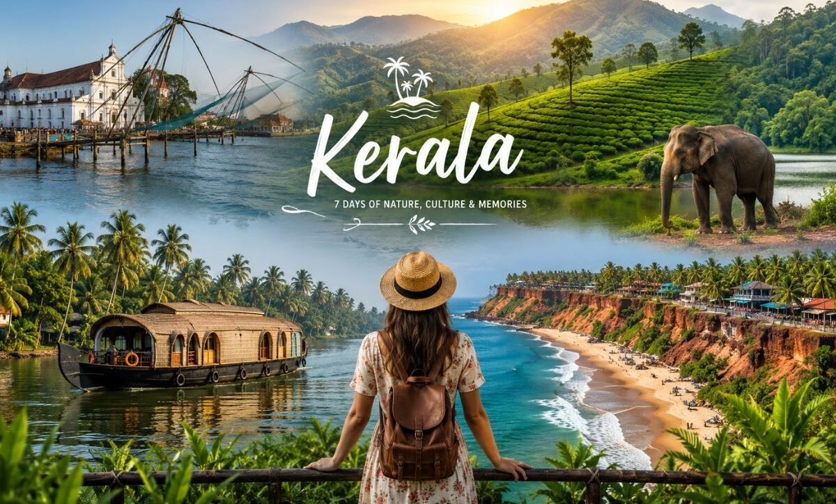 xt Kerala 7-day itinerary map featuring Kochi, Munnar tea plantations, Thekkady wildlife, Alleppey houseboat backwaters, Varkala beach cliffs, and Trivandrum attractions