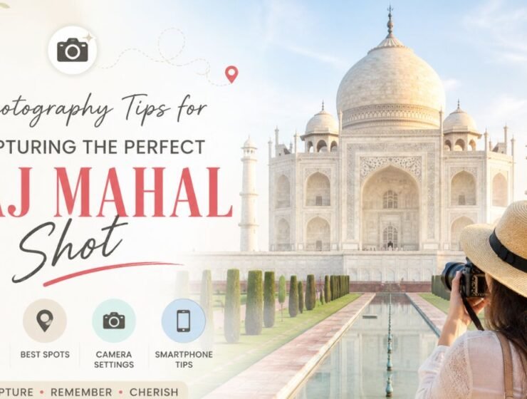 Traveler photographing the Taj Mahal with tips for capturing the perfect Taj Mahal shot during sunrise in Agra India