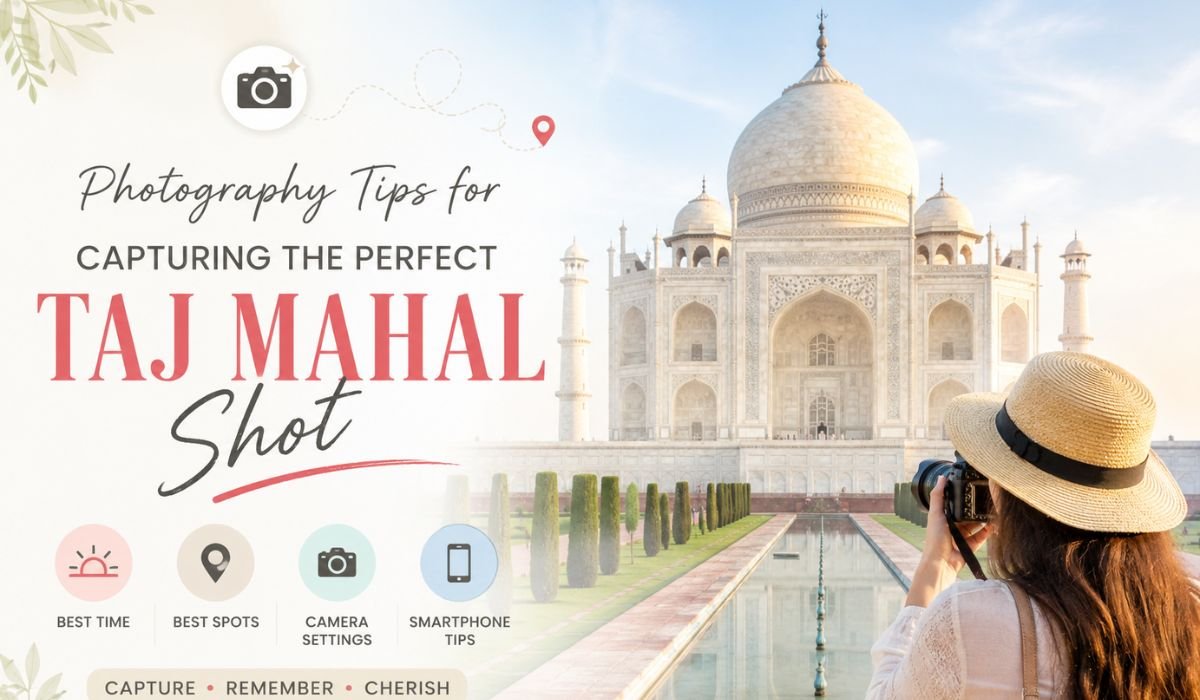Traveler photographing the Taj Mahal with tips for capturing the perfect Taj Mahal shot during sunrise in Agra India