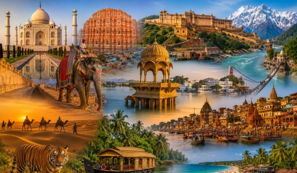 Top Tourist Places in India – Best Destinations to Visit Collage of top tourist places in India featuring the Taj Mahal Rajasthan Rishikesh Varanasi Kerala beaches desert safari and wildlife experiences
