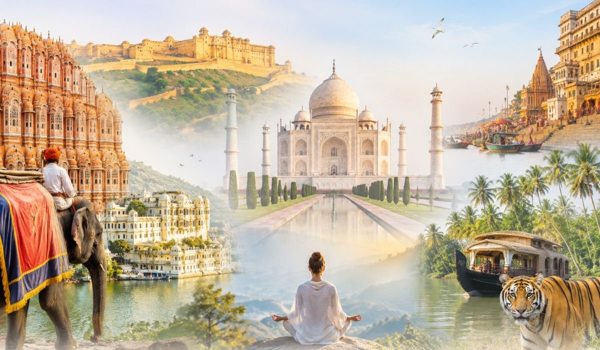 Popular travel destinations in India including Taj Mahal Jaipur Kerala Varanasi and wildlife tours for foreign tourists