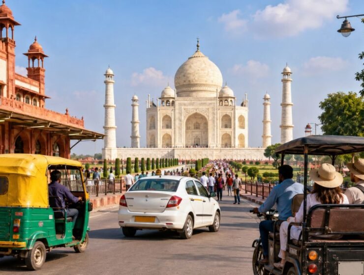Tourists traveling from Agra Cantt Railway Station to the Taj Mahal by auto-rickshaw, taxi, and electric vehicle in Agra