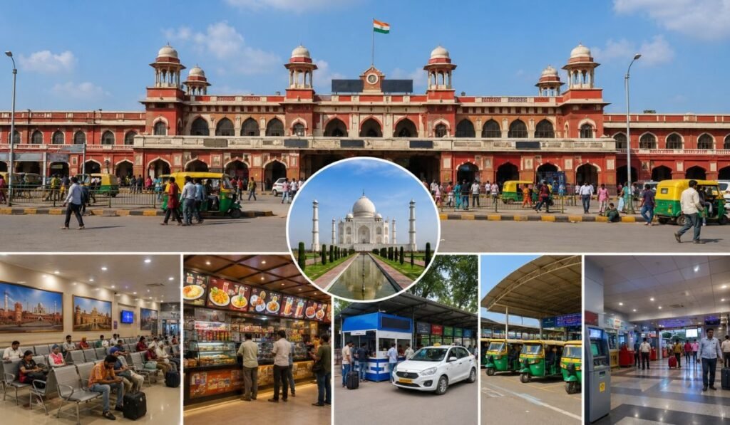 Agra Cantt Railway Station – Complete Guide for Travelers Agra Cantt Railway Station with passenger facilities, transportation options, waiting areas, food outlets, and connectivity to the Taj Mahal
