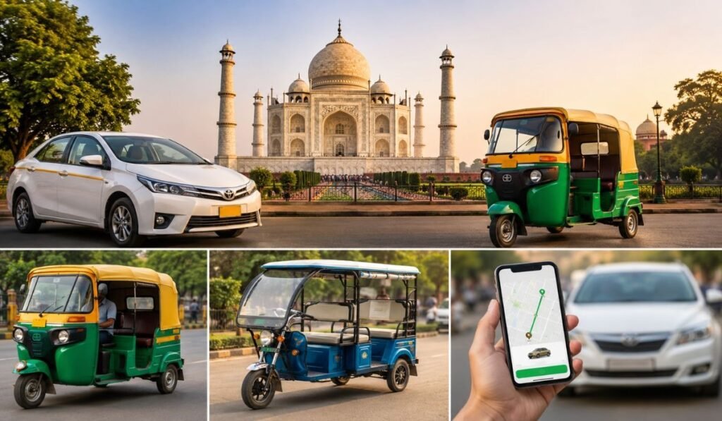 Best Ways to Reach Taj Mahal from Agra Cantt Railway Station Transportation options from Agra Cantt to the Taj Mahal including taxi, auto rickshaw, e-rickshaw, and app-based cab services