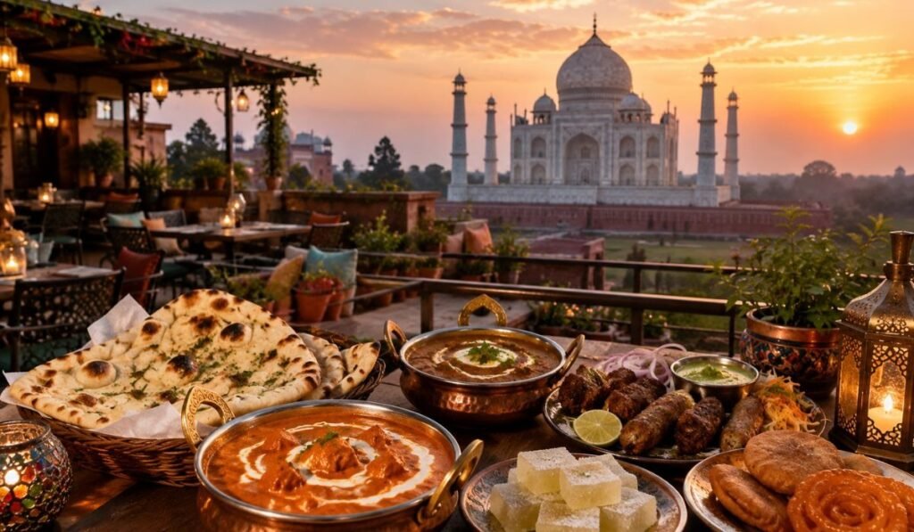 Best Restaurants with Taj Mahal View in Agra for Food Lovers Traditional Indian dinner with butter chicken, naan, kebabs, Agra Petha, and Taj Mahal sunset view from a rooftop restaurant in Agra