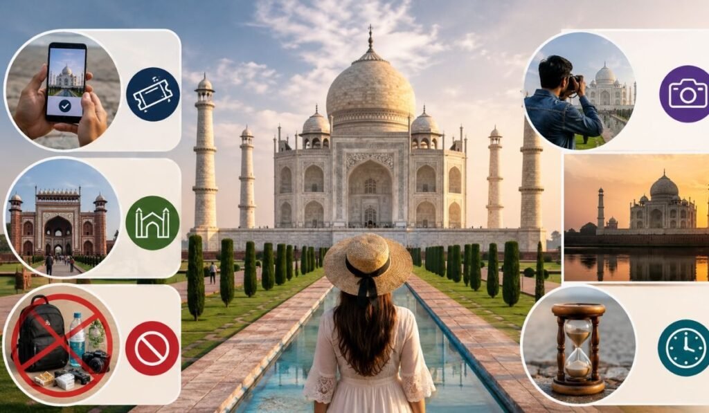 Important Taj Mahal Entry Tips for First-Time Visitors First-time visitor at the Taj Mahal with entry tips including ticket booking, security guidelines, photography rules, and visiting hours