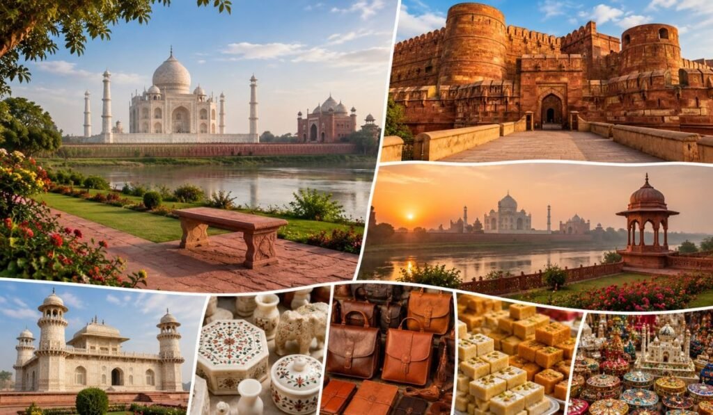 Nearby Attractions You Can Explore in Agra Beyond the Taj Mahal Collage of popular attractions in Agra including Taj Mahal, Agra Fort, Mehtab Bagh, Itimad-ud-Daulah, local handicrafts, leather products, and Agra Petha